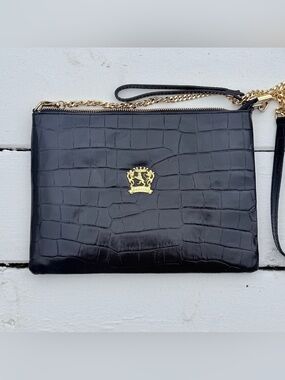 Pratesi Firenze Black Croc Embossed Patent Leather Crossbody Clutch Made inItaly